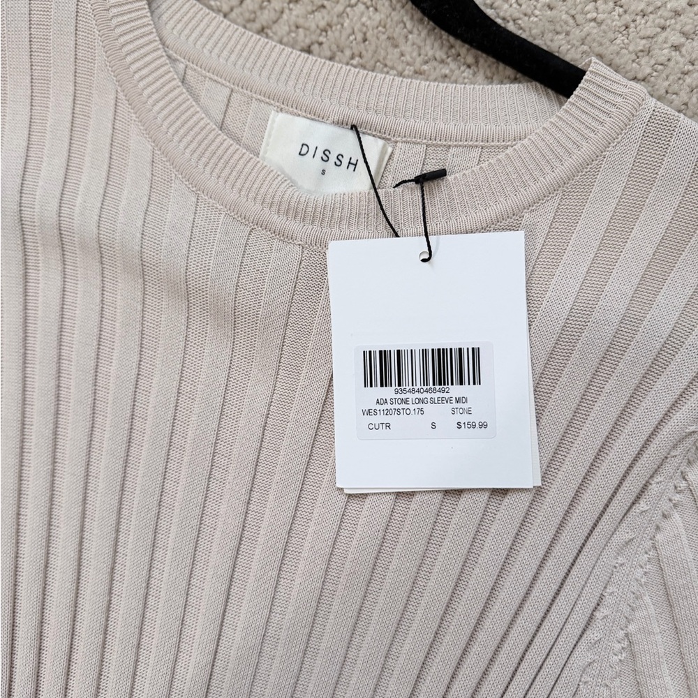 DISSH Beige Ribbed Knit Dress ADA STONE LONG SLEEVE MIDI DRESS
